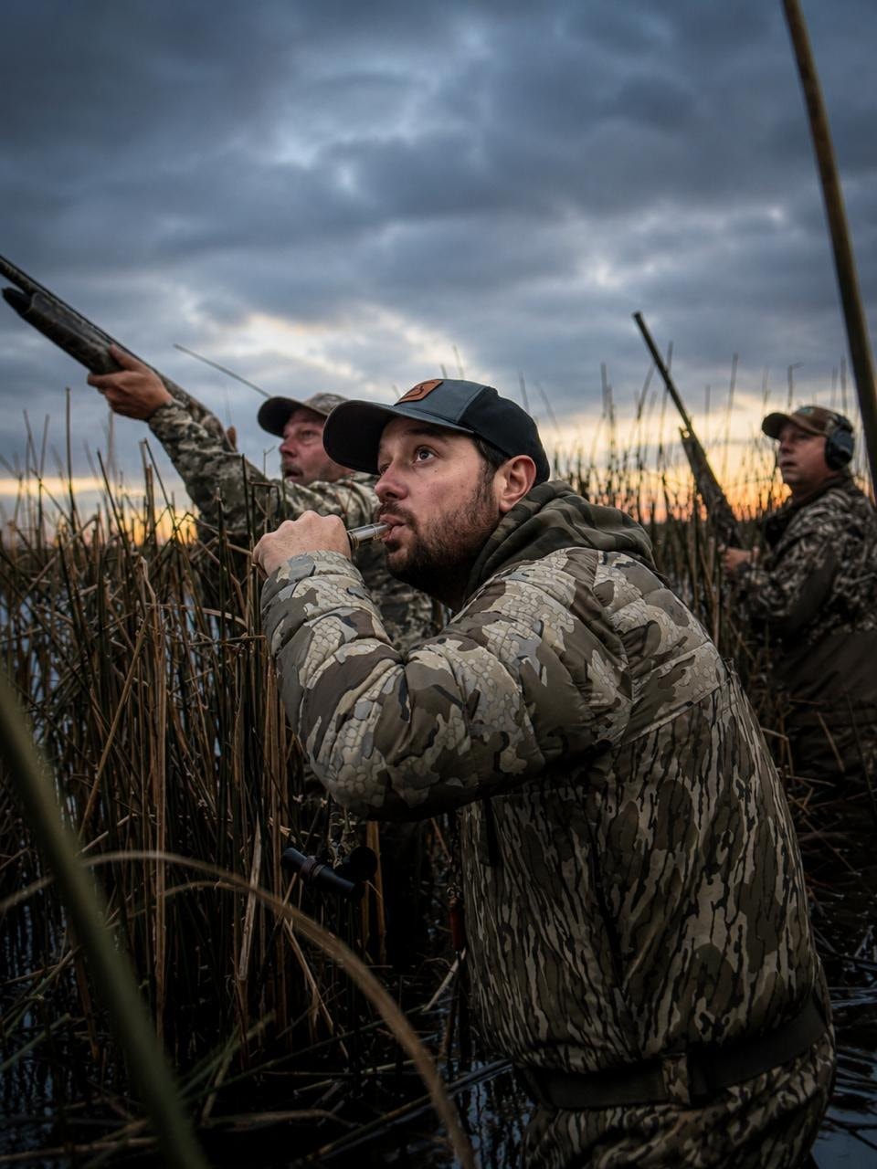 Three hunters with guns raised on the same flight line