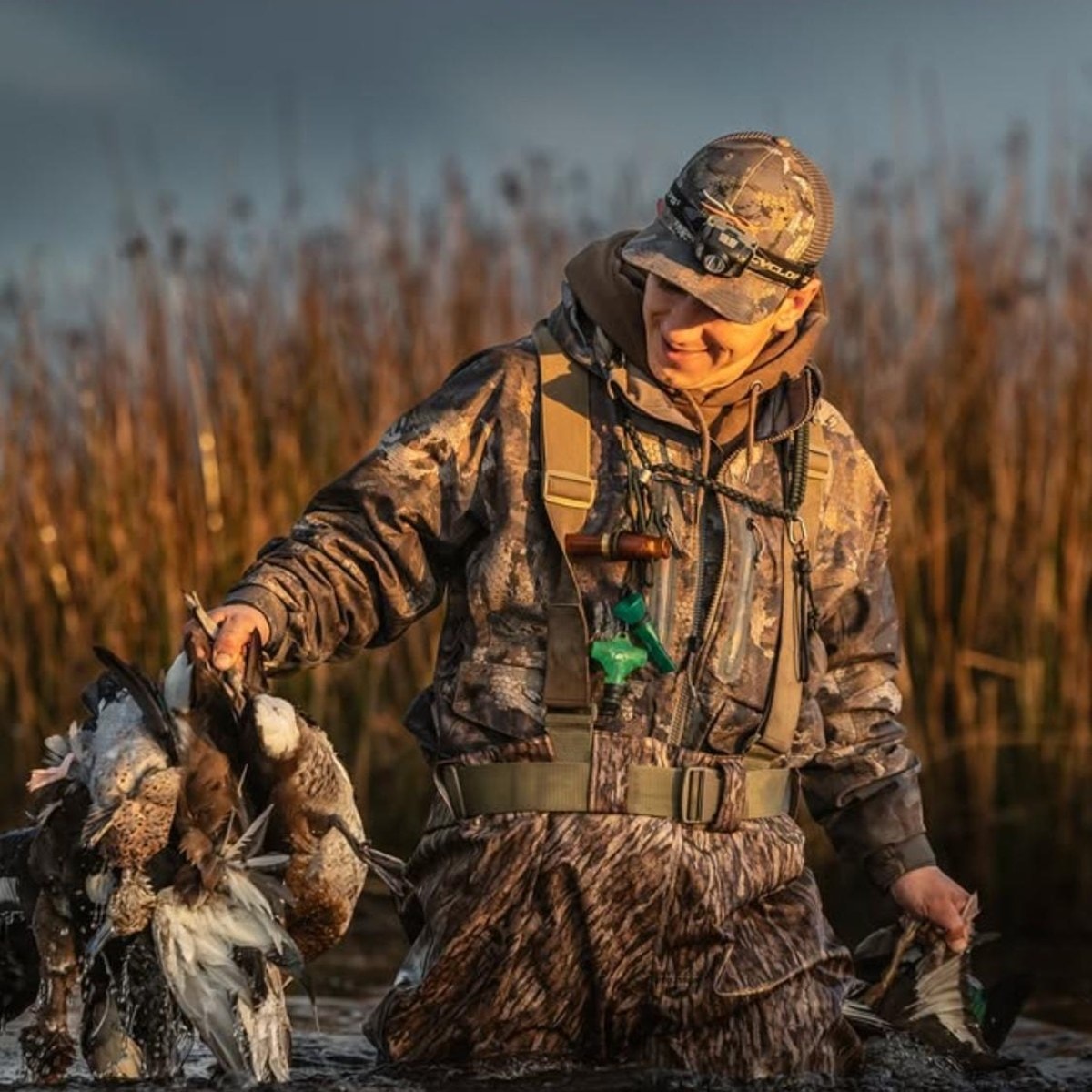 Hunter emerging from the reeds carrying the morning's ducks